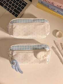 Mixed Plaid & Polka Dot Patchwork Pencil Case, Large Capacity Stationery Storage Bag With 3D Angel Pendant, Double Layer Organizer, Fresh Ins Style Desktop Stationery Storage Pouch, Portable Daily Essentials Organizer - Multicolor - View 8