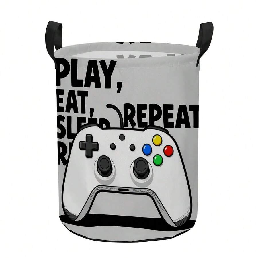 Game Controller Patterned Round Laundry Basket, Light Gray Storage Basket With Black Handles, Foldable Dirty Clothes And Toy Storage Bin, Suitable For Boys' Game Rooms, Bedrooms, And Home Storage - Grey Game Console - View 1