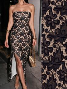 Women's Autumn/Winter Strapless Lace Print Fitted Midi Dress, Suitable For Back To School, Halloween, Date, Evening Party, Nightclub - Black - View 2