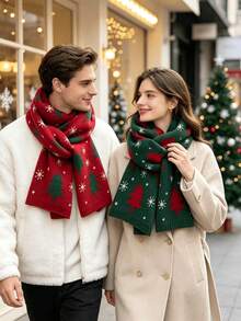2/1pc Christmas Tree Knit Scarf Unisex, Snowflake Christmas Tree Pattern Warm Winter Neck Warmer, Soft Thick Knit Shawl, Red And Green 2 Colors, Holiday Couple Accessory, Outdoor Cold Weather Wear, Perfect Christmas Gift For Family And Friends - Multicolor - View 7