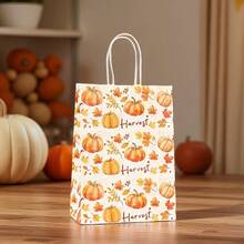 Autumn Harvest Maple Leaf & Pumpkin Print Kraft Paper Gift Bags, Random Style, Thanksgiving Party Favor Packaging, Classroom Party & Holiday Souvenir Bags, Maple Leaf Design Paper Gift Wrap For Table Decor And Guest Favors - Multicolor - View 8
