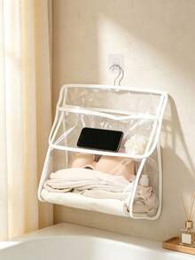 1pc Clear Transparent Hanging Storage Bag, Simple Style PVC Rectangular Organizer With Dual Compartment Design, Wall Mount Pouch For Holding Towels And Small Items For Bathroom Daily Home Use - Multicolor - View 7