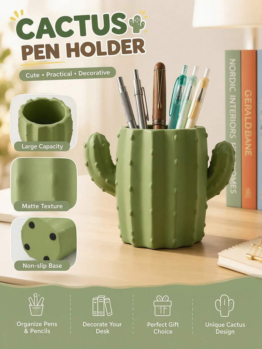 Multifunctional Pen Holder With Stable Base Cactus Design Pencil Cup Creative Desktop Storage Box Suitable For Teenagers Office Workers College Students Dormitory Study Office Supplies Home Office Decor Office Desk Vanity Essential Accessory