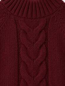 Plus Size High Neck Cable Knit Sweater, Raglan Long Sleeve Loose Solid Pullover - Burgundy - View 4
