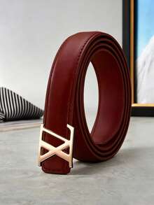Women's PU Thin Belt, Geometric Cross Letter Design Metal Buckle Leather Belt, 43 Inch Versatile Decorative Waist Belt - Multicolor - View 16