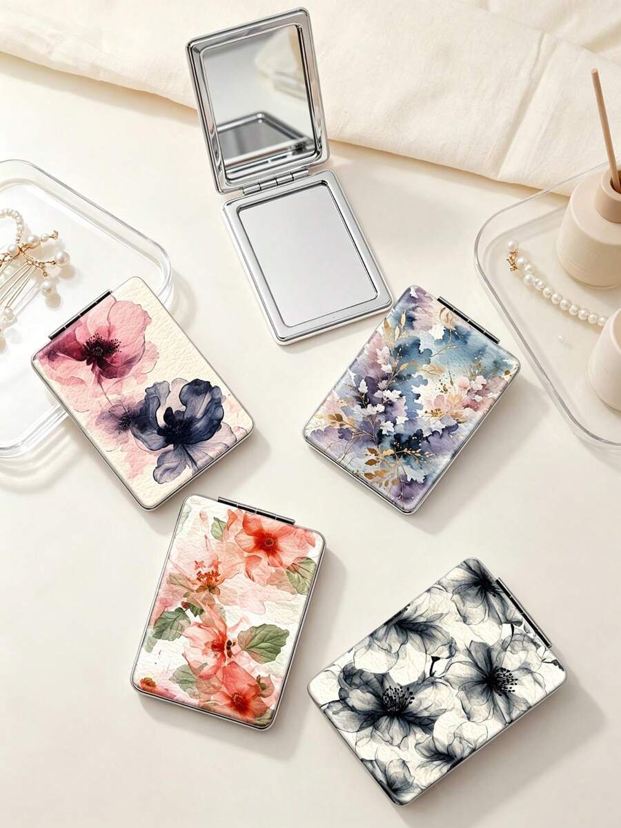 1 st bärbar sminkspegel i brittisk landstil, vikbar lätt ultratunn handspegel i PU-läder, rektangulär fickspegel med fräscht konstnärligt blommönster, elegant och delikat, enkel att bära, handhållen sminkspegel med 180° flipplock, multifunktionell minispegel, kompakt spegel, för vardag, semester, födelsedag och Alla hjärtans dag, passar alla och flera användningsområden - Multifärgad - Visa 1