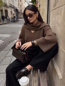 NOVELLE Women's Brown Cape V-Neck Knit Sweater, Autumn Winter Wide Sleeve Drop Shoulder Loose Drape Lazy Pullover Top, Commute, Dating And Shopping - Brown - View 1