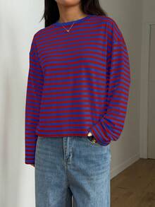 SDNGED Women's Casual Top Striped Contrast Color Ribbed Daily Wear Spring Autumn - Red and Blue - View 6