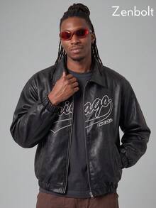 ZenBolt Men's Winter American Vintage PU Leather Motorcycle Jacket, Lapel, Zipper And Graphic Design, Fashion Loose Street Style Outerwear - Black - View 3