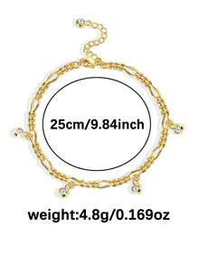 1pc Shiny S925 Sterling Silver Gold Plated Figaro Chain With 5 Bezel-Set White Zirconia Beads, Adjustable Extension Ankle Chain, Atmospheric Accessory For Women - Gold - View 3