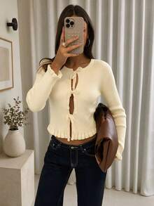 Women's Spring/Autumn Vertical Ribbed Texture Round Neck Tie-Front Long Sleeve Knit Cardigan, Featuring Girly Bow Tie And Ruffle Trim Decor, Slim Fit Cropped Silhouette, Suitable For Daily Commute, Dating And Photo Outfits - Light Yellow - View 1