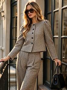 Fall Retro Plaid Cropped Jacket Women, Round Neck Puff Sleeve Button Up Top, Fall Winter Elegant Commuter Outerwear - Multicolor - View 2