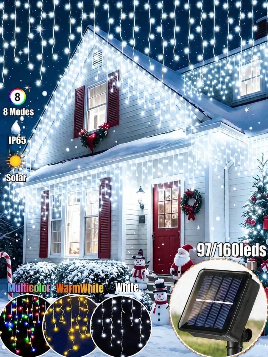 5.5M/9M Solar String Light,8 Lighting Modes,Outdoor Solar Icicle Light String,Waterproof Fairy Light,97/160LED Curtain Waterfall Light,Suitable For Gardens,Courtyards,Parties,Camping,Windows,Balconies,Walls,Weddings,Homes,Houses,Christmas Decoration