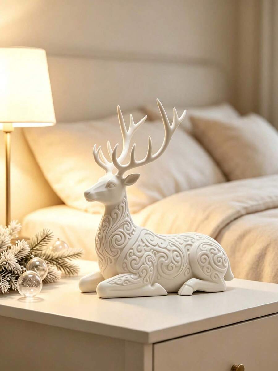 Exquisite Creative Christmas Theme European Style Carved Reindeer Lounge Chair Sculpture Ornament, Suitable For Office Desk, Living Room, Bookshelf, Cabin Holiday Decor. Nordic Style Minimalist Versatile, Suitable For Various Home Decor Scenes And Christmas