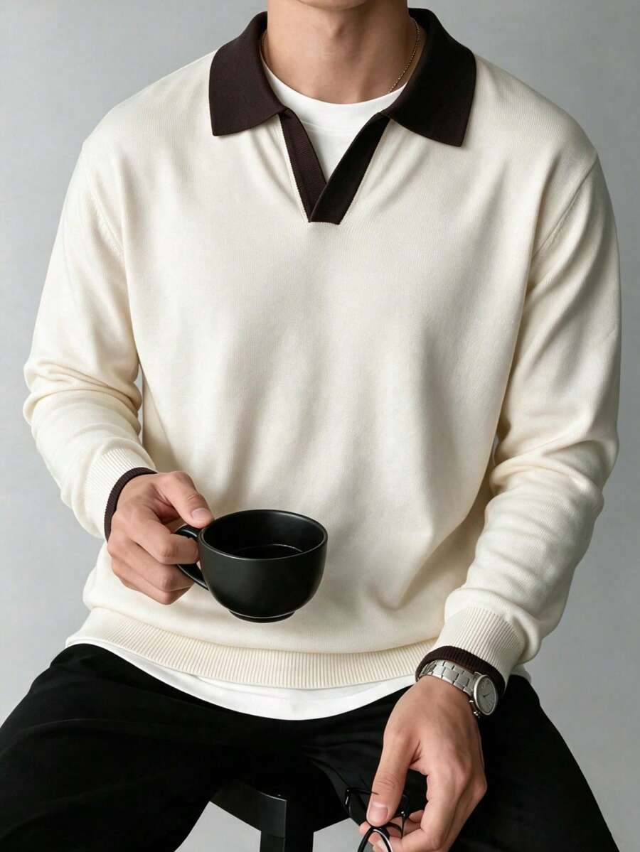 Men's Contrast Collar Long Sleeve Knit Pullover, Business Casual Style Fashion Top - Apricot - View 1
