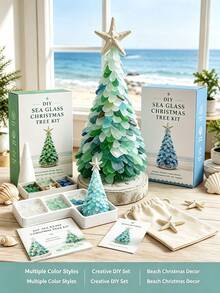 1 Set DIY Sea Glass Christmas Tree Kit, Handmade Coastal Sea Glass Tree With Starfish Topper, Beach Nautical Style Desktop Mini Christmas Tree Decor, Ocean Theme DIY Handmade Set, Home Desktop Holiday Ornament - Multicolor - View 5