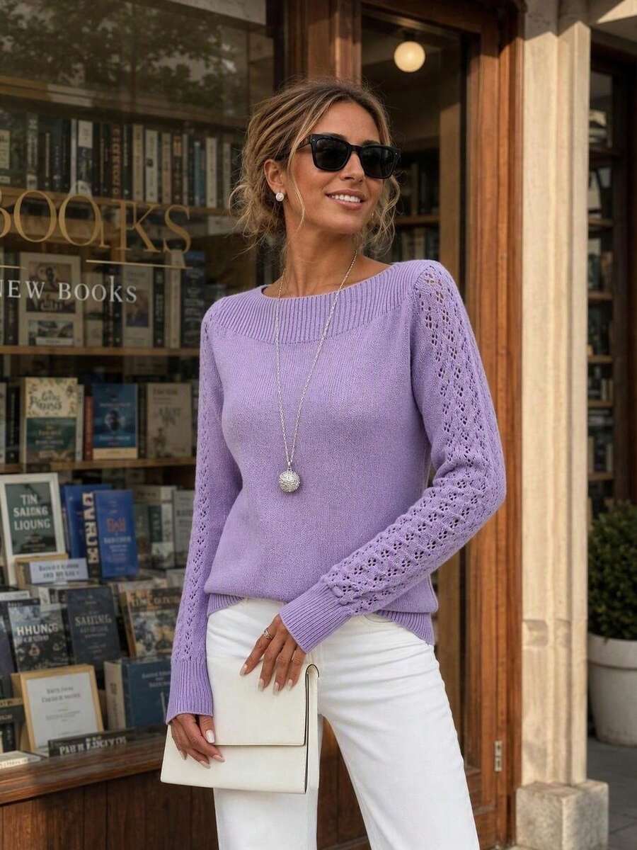 Women's Minimalist Hollow Out Knit Sweater, French Elegant Slim Fit For Commuting And Casual Layering - Purple - View 1