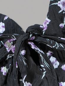女款秋季花卉迷你洋裝，海灘度假方領短袖前綁帶層次裙，適合日常通勤與休閒外出 - 黑色 - 查看 4