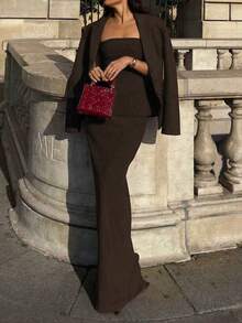 2pcs/Set Elegant Minimalist Holiday Party Commute Business Suit Co-Ord Sets For Women, Autumn, Bustier Crop Top & Fitted Midi Skirt Summer Brown - Brown - View 6