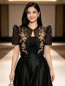 Butterfly Sleeve Philippine Style Women's Elegant Petal Sleeve Sequin Pattern Short Sleeve Blouse - Black - View 2