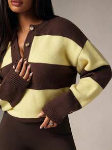 Plus Size Women's Vintage Contrast Color Striped Ribbed Knit Sweater, Half-Button Round Neck Drop Shoulder Long Sleeve Pullover, Elegant Fashion Holiday Party Outfit - Brown - View 5
