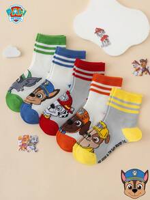 5 pares de calcetines de media caña para niños de la serie Paw Patrol, auténticos, con Archie y Rubble, diseño de bloques de color a rayas y dibujos animados - Multicolor - Ver 1