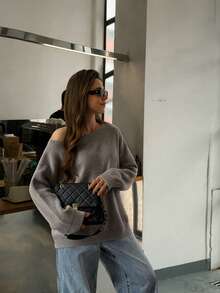 Women's New Minimalist Versatile Casual Solid Color Drop Shoulder Long Sleeve Sweater - Heather Gray - View 3