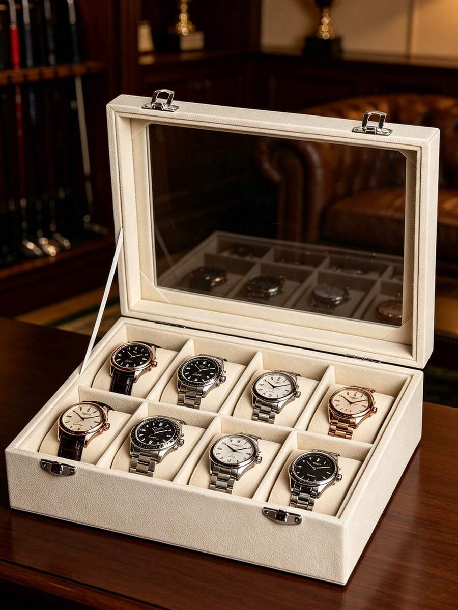 Velvet 8-Slot Watch Storage Box With Transparent Glass Lid, Luxury Watch Storage & Display Case, Watch Organizer, Jewelry & Watch Display Box