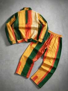 Men's Autumn/Winter 2 Pieces Set, Green Orange Yellow Zipper Hoodie Jacket & Wide Leg Pants - Multicolor - View 6