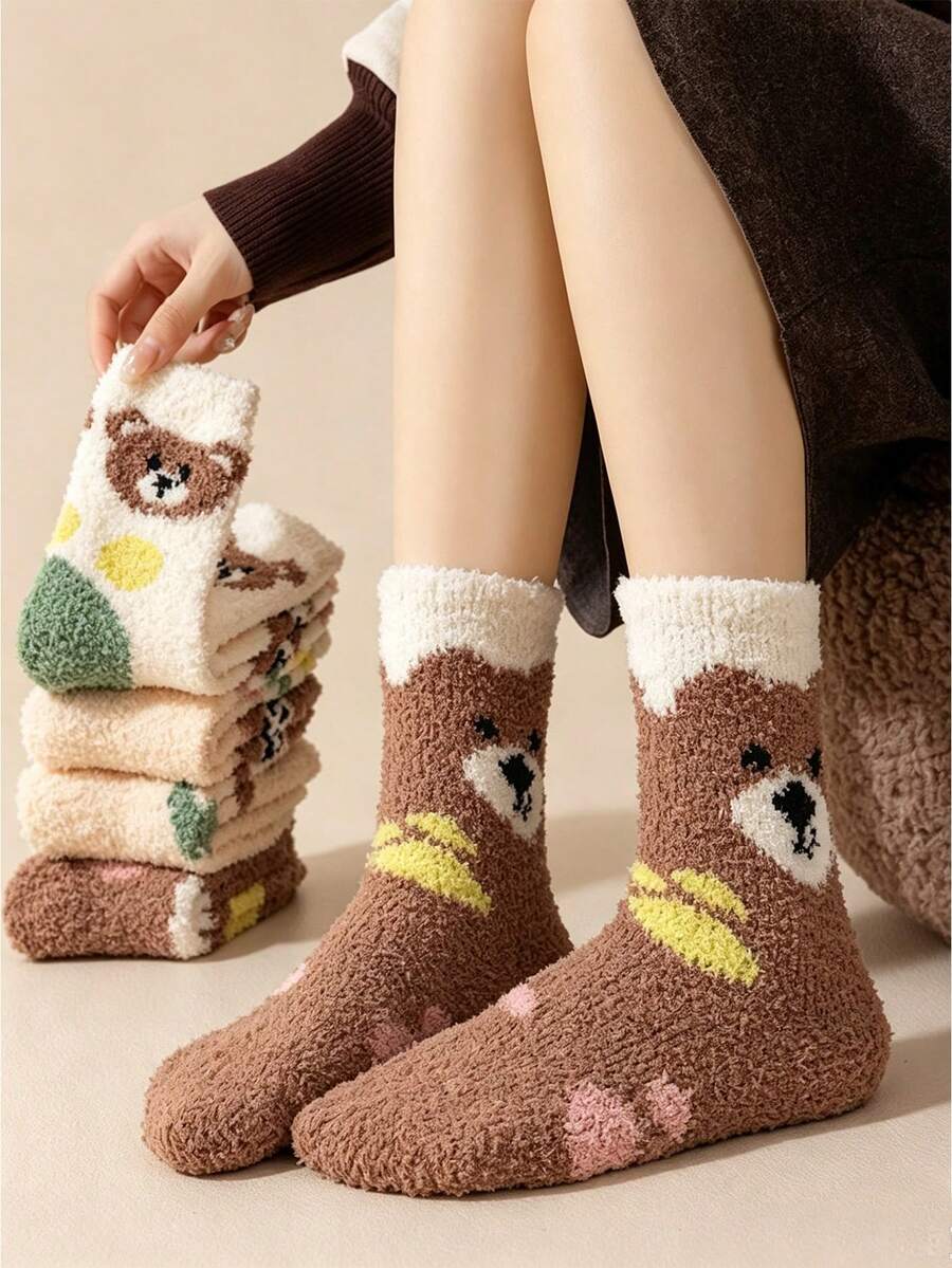 1/5 Pairs Cartoon Bear Coral Fleece Warm Mid-Calf Socks, Soft Half-Fleece Home Sleep Floor Socks, Multiple Colors Available - Multicolor - View 1