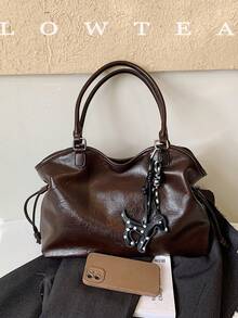 low tea 1pc Fashion PU Fabric Shoulder Tote Bag Suitable For Commuting, Shopping, Etc. (With Pendant) - Coffee - View 4
