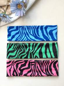 2pcs European & American Style Color Block Zebra Print Fabric Headband, High Elasticity Wide Band, Personalized Cool Fashion Hair Tie - Multicolor - View 6