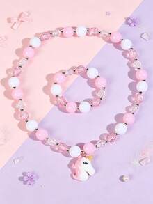 2pcs/Set Cute Cartoon Unicorn Beaded Children's Jewelry Necklace & Bracelet, Suitable For Girls' Daily Wear, Party Accessories, Gift - Multicolor - View 2