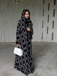 Hafizah عباية نسائية جديدة من الشيفون بنقشة البولكا دوت مع حجاب وتفاصيل دانتيل مرقعة، رداء طويل عصري - الأسود - مشاهدة 3
