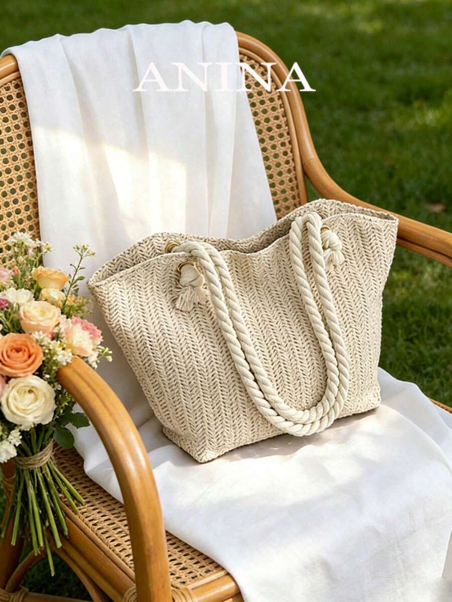 Summer Beach Vacation Straw Tote Bag, Large Capacity, Fashionable, Versatile, Casual Shoulder Bag ,Beach Bag