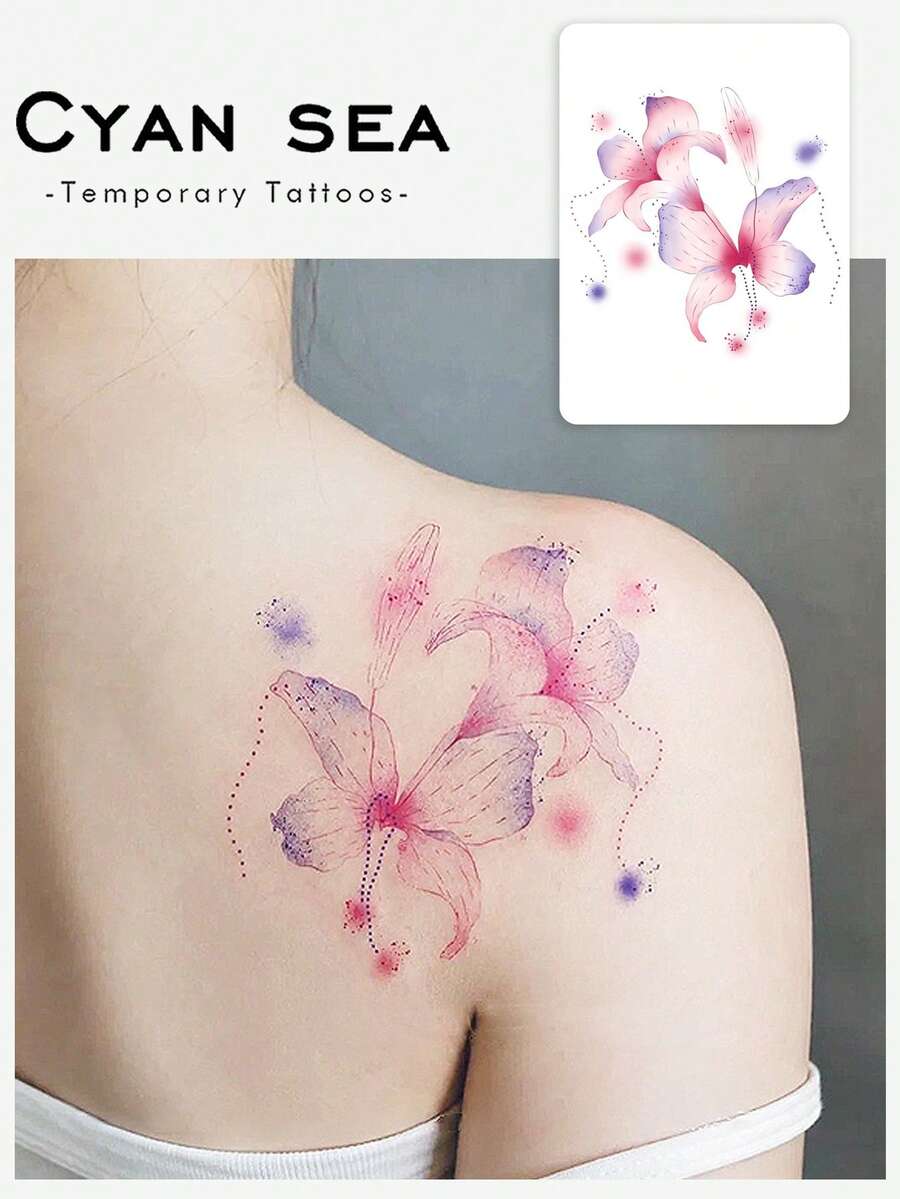 1pc Temporary Tattoo, Pink Purple Gradient Watercolor Lily Pattern, Realistic Fake Tattoo Design, Suitable For Daily, Bachelorette Party Favors, Music Festival, Game, Graduation Gift, Lasts 3-5 Days - Multicolor - View 1