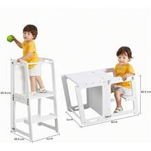 Torre de Aprendizaje Convertible 4 en 1 Estilo Montessori, Mueble Multiusos con Pizarra, Mesa y Silla, Taburete Ayudante para Cocina y Aprendizaje - Blanco - Ver 5