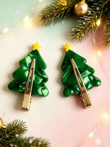 2Pcs Christmas Tree Hair Clips, Acetic Acid Crease-Free Styling Clips, Festive Hair Accessories; A Perfect Christmas Gift For Women And Girls - Green - View 5