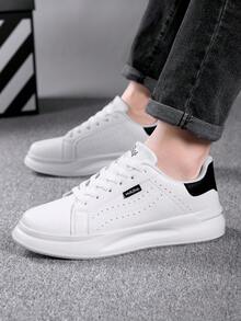 Men's Height-Increasing Breathable Contrast Color Perforated Round Toe Low-Top Lace-Up Thick Sole Street Style White PU Sneakers - Black - View 2