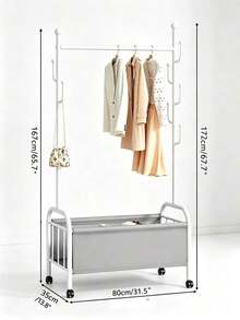 1pc Metal Garment Rack With Storage Basket, Mobile Clothes Rack With Wheels, Multi Hooks, Large Storage Space, Stable Structure, Space Saving, Freestanding Clothing Organizer, Suitable For Bedroom, Living Room, Dormitory And Apartment. - Multicolor - View 12
