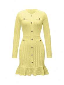 Gaun Mini Lengan Panjang Wanita Unadoll Musim Gugur, Leher Bulat, Kancing Emas Imitasi, Tekstur Bodycon, Hem Bergelombang, Cocok untuk Kembali ke Sekolah, Kencan Malam & Jalan-jalan - Kuning - View 3