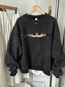Big Girls' Round Neck Zipper Hooded Cute Cat Print Loose Drop Shoulder Top, Spring/Autumn - Black - View 1