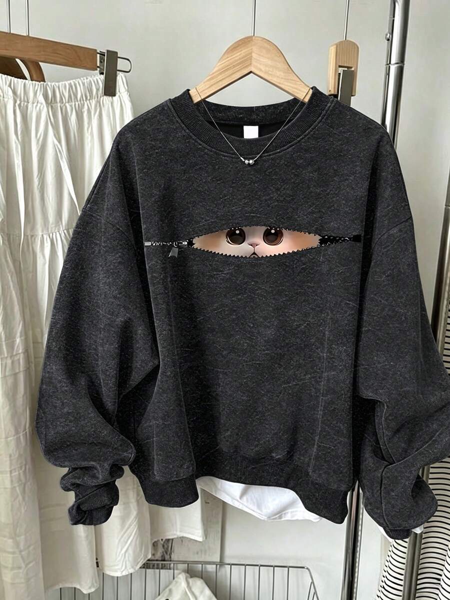 Big Girls' Round Neck Zipper Hooded Cute Cat Print Loose Drop Shoulder Top, Spring/Autumn - Black - View 1