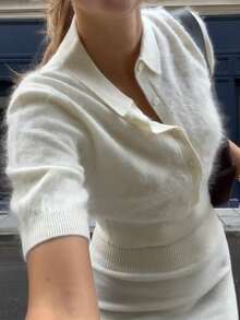 Unadoll Women's White Polo Collar Knit Top, Elegant Basic Short Sleeve Slim Fit Fuzzy Sweater, Suitable For Back To School, Daily Wear And Commuting - Off White - View 9