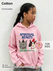 Kids Casual Long Sleeve Cartoon Cat Letter Graphic Hoodie With Drawstring, Drop Shoulder Pullover Sweatshirt For Fall Streetwear - Pink - View 3