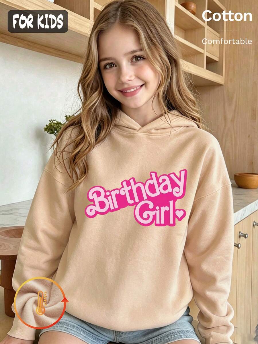 هودي صوف للبنات خريف وشتاء بطبعة Birthday Girl باللون الأبيض والوردي مع نص وأكمام طويلة ستايل Y2K - لون مشمشي - مشاهدة 1