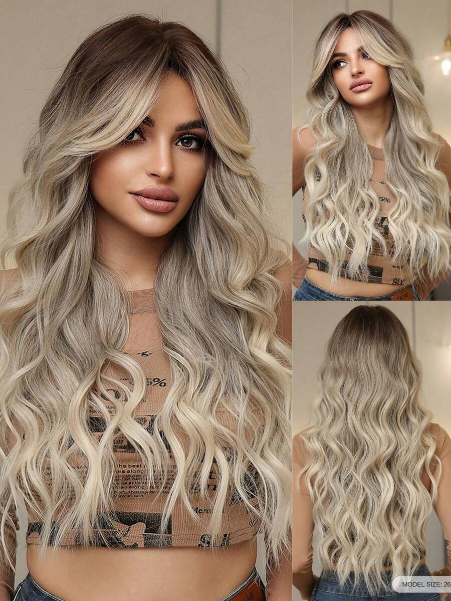 26 Inch Brown To Platinum Ombre Curly Wavy Synthetic Wig, Butterfly Hairstyle, Parted Synthetic Wig For Women & Girls, Music Festival, Halloween
