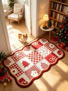 1pc Christmas Red & White Patchwork Shaped Doormat, Welcome Mat, Christmas Tree Bow Heart Plaid Carpet, Rug, Christmas Rug, Bedroom Carpet, Area Rug - Multicolor - View 4