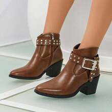 Women's Western Ankle Boots, Pointed Toe Design, Studded Decor, Buckle Detail, Chunky Heel, Boots Style, Punk Style - Brown - View 7