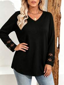 Plus Size Women's V-Neck 3/4 Sleeve Casual Loose Fit Top - Black - View 3